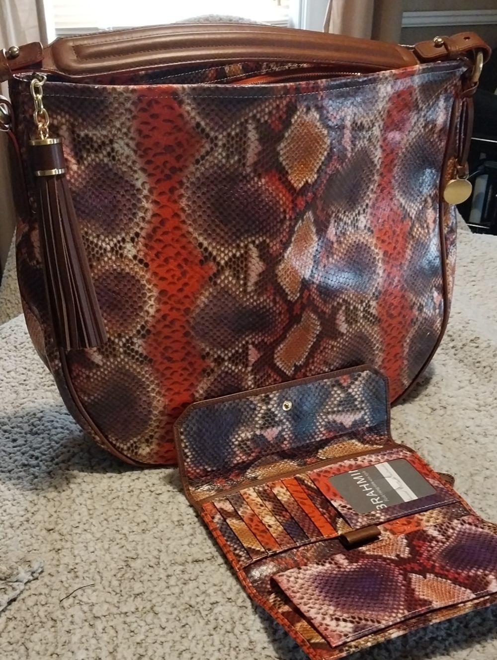 Brown & Orange Snake-Print Hobo Bag with Tassel - Women Bags